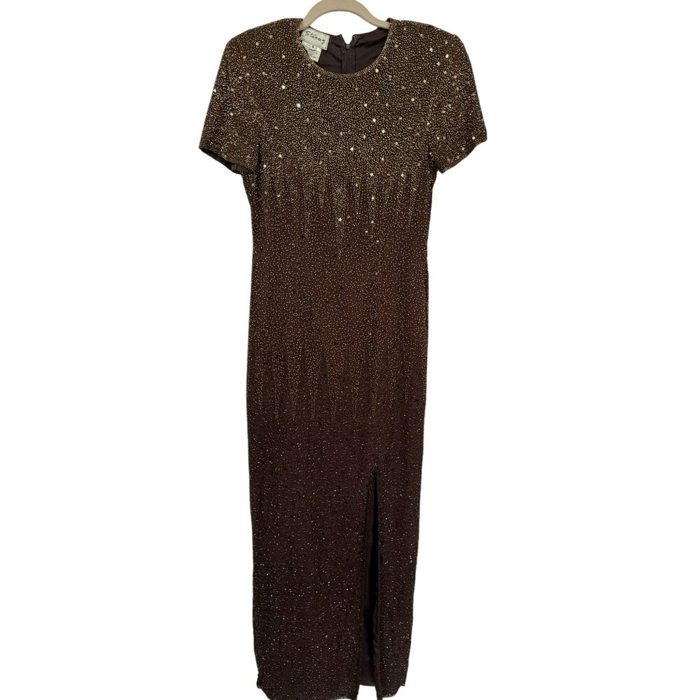 Stenay Brown Vtg 100% Silk Sequined Beaded Evening Formal Long Slit Gown Flame 6